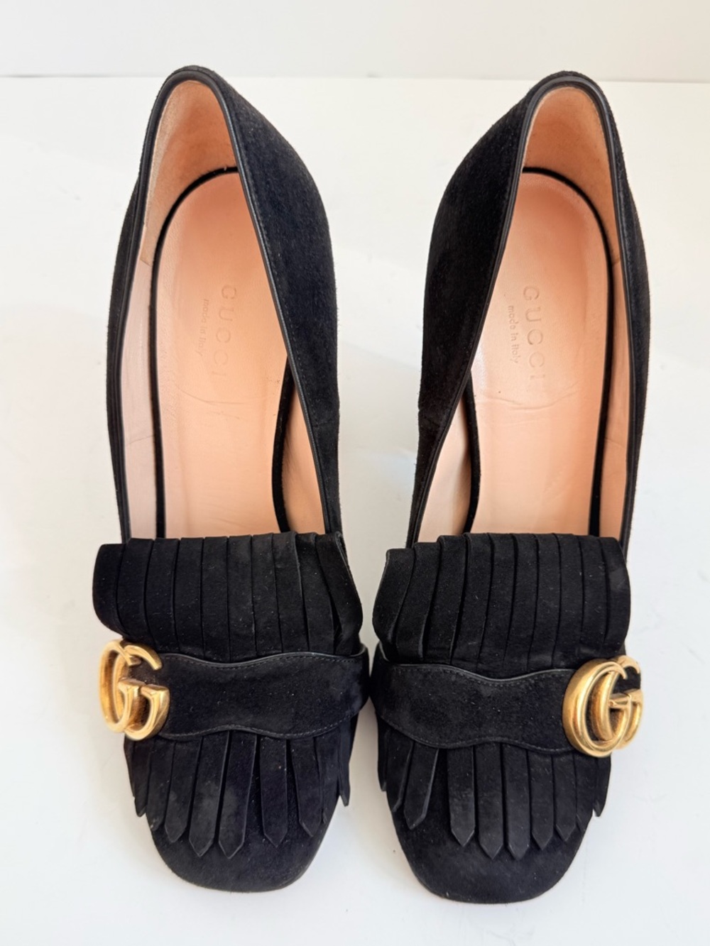 Gucci Marmont GG Suede Fringe Block Heel Pumps Black Loafer Heels EU 38.5 - Picture 2 of 9